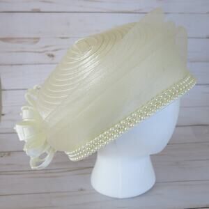 CHARM'S *NWT* Hat CHURCH/KENTUCKY DERBY/WEDDING Beaded Bow Ivory/Off White